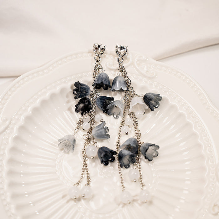 Silver Tone Bellflower Tassel Drop Earrings Pearl Chains