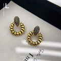 Antique Gold Beaded Hoop Stud Earrings Black CZ Drop view 4