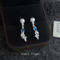 Silver Tone White Pearl Blue Stone Leaf Branch Drop Stud Earrings view 1