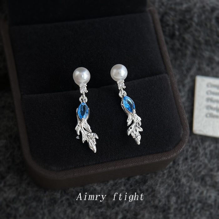Silver Tone White Pearl Blue Stone Leaf Branch Drop Stud Earrings