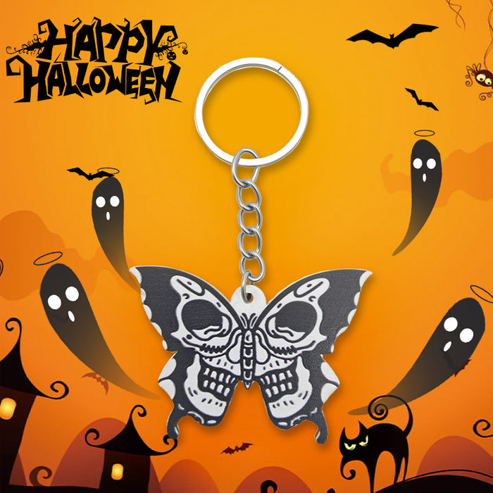 Black White Skull Butterfly Wooden Pendant Chain Keychain