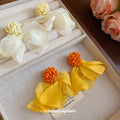 Chiffon Petal Flower Clip Earrings in Two Colors With Decorative Metal Accents view 2