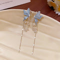 Silver Tone Butterfly Crystal Tassel Earrings with Blue Accents view 6