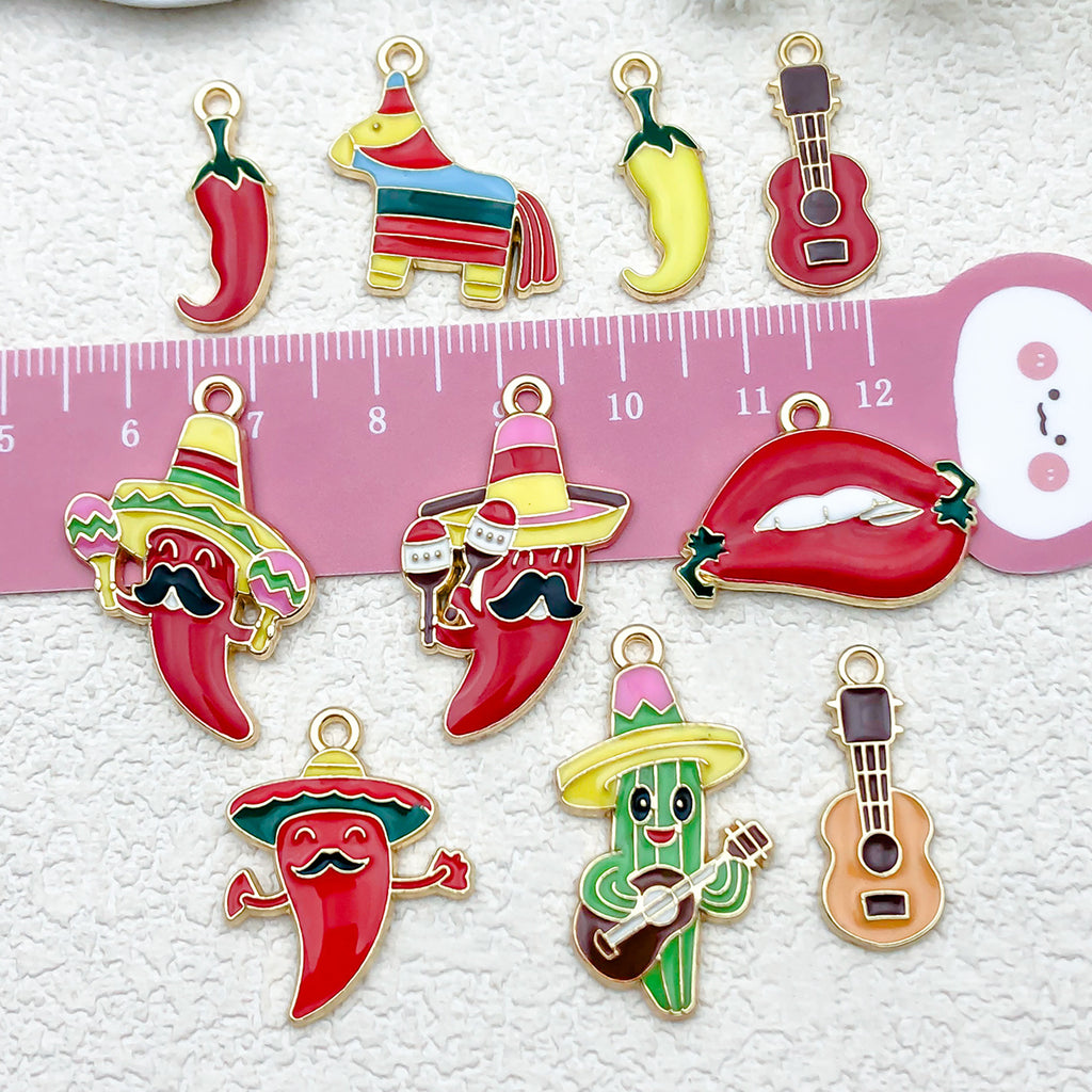 Enamel Zinc Alloy Chili Pepper Cactus Mexican Theme Charm Pendant for DIY Jewelry