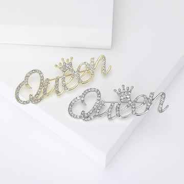 Crowned Queen Script Rhinestone Brooch in Two Finishes