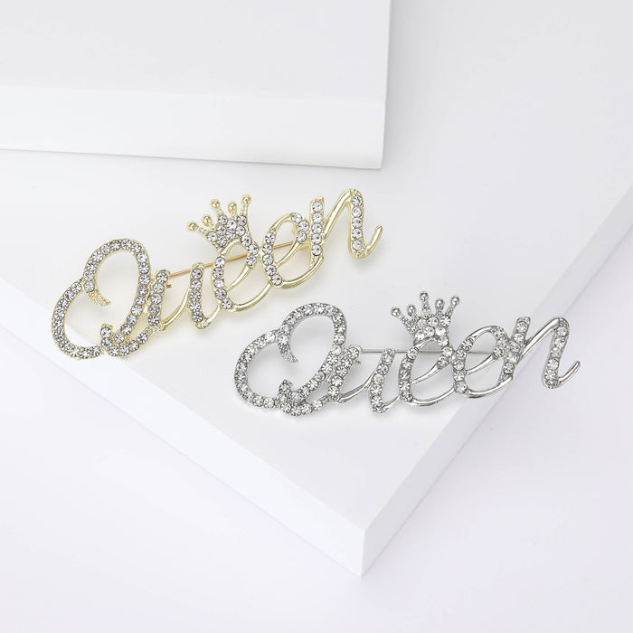 Crowned Queen Script Rhinestone Brooch in Two Finishes