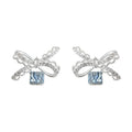 Silver Crystal Lace Bow Light Blue Cube Drop Stud Earrings view 5