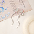 Silver Pink Butterfly Twin Chain Tassel Stud Earrings view 6