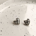 Black White Checkerboard Heart Enamel Stud Earrings Pair view 4