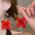 Red Layered Flower Drop Earrings in Gold Tone Statement Jewelry view 2