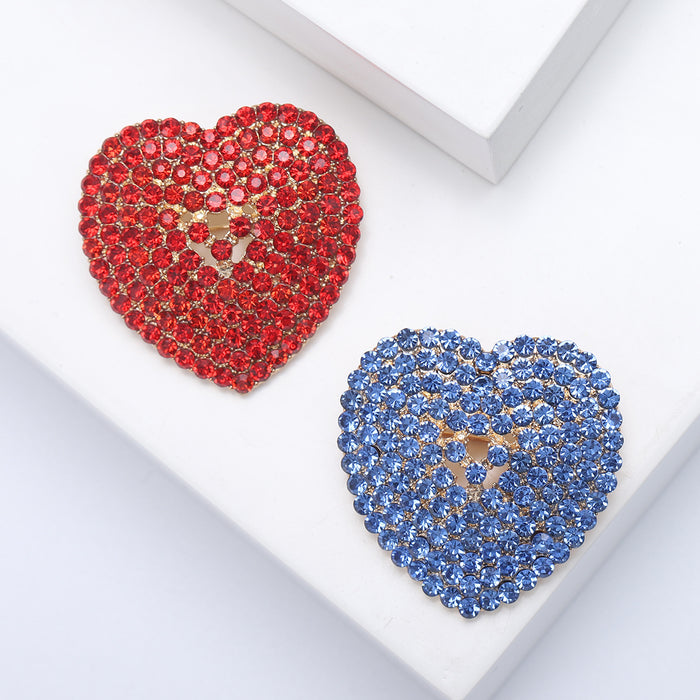 Pave Crystal Heart Brooch in Red or Blue With Domed Gold Tone Setting
