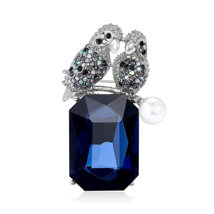Crystal Parrot Pair Brooch With Pearl Accent for Jackets Scarves and Lapels