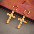 Textured Cross Drop Crystal Hoop Earrings in Gold Tone view 1