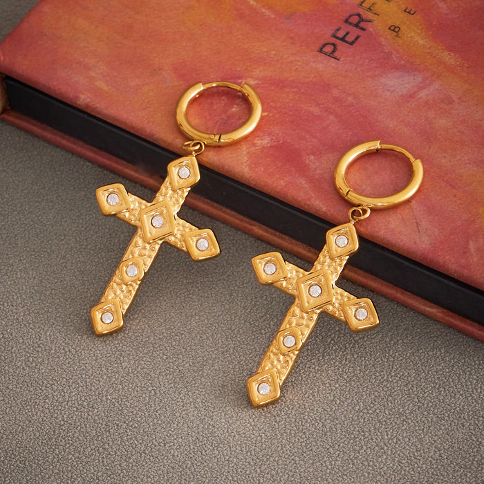 Textured Cross Drop Crystal Hoop Earrings in Gold Tone