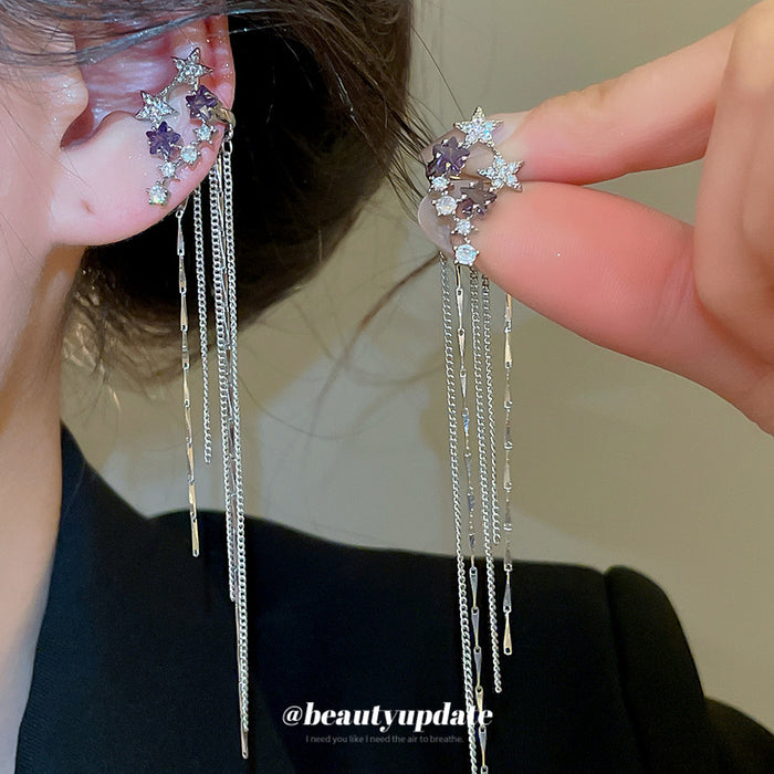 Purple Crystal Star Clip On Earrings With Fine Chain Tassels