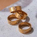 Wide Band Clover Zircon Stainless Steel Ring Gold Steel view 3