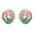Pink Green Enamel Pearl Wheat Stud Earrings Gold Rim view 5