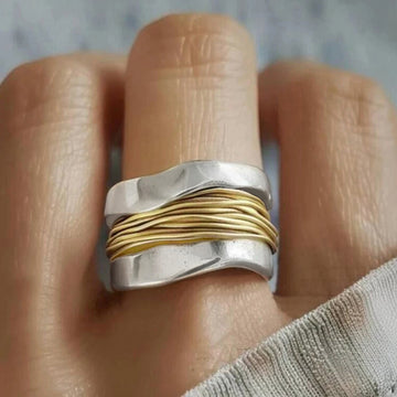 Two Tone Silver Gold Irregular Wide Wire Wrap Ring