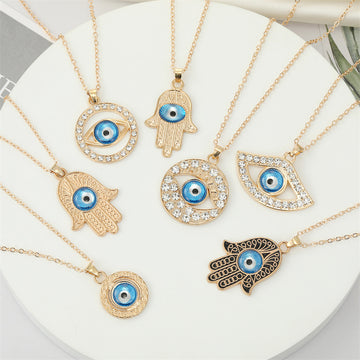 Gold Tone Blue Evil Eye and Hamsa Hand Pendant Necklaces