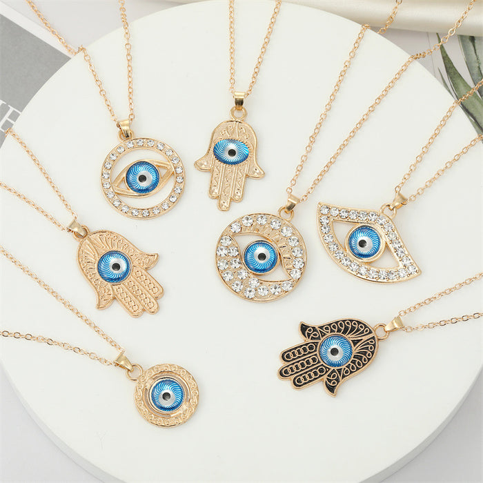 Gold Tone Blue Evil Eye and Hamsa Hand Pendant Necklaces