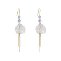 Clear Shell Leaf Tassel Earrings Blue Crystals Gold Chains view 5