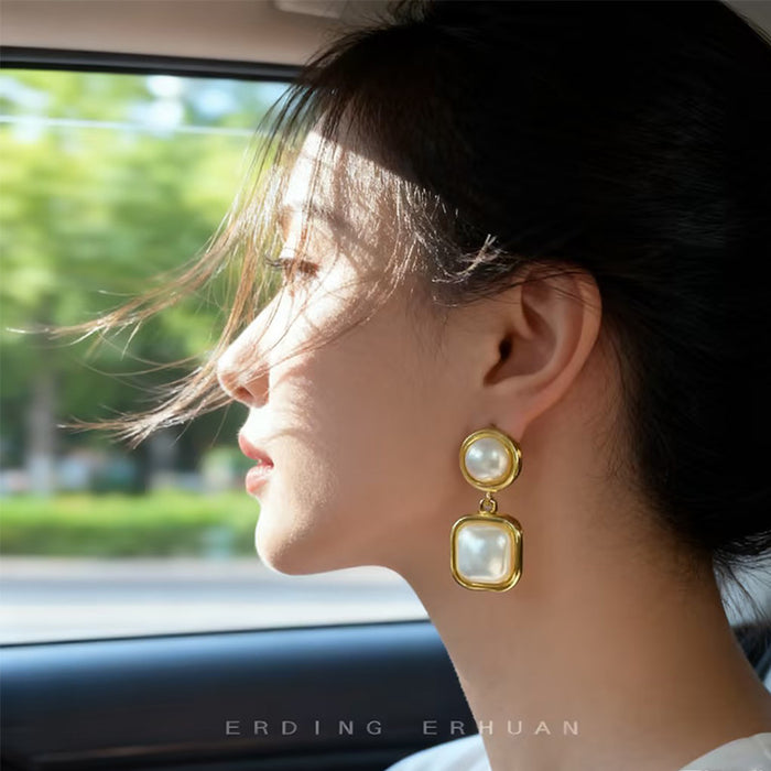 Gold Round Square Frame Pearl Drop Stud Earrings Pair