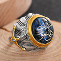 Blue Calligraphic Oval Signet Ring With Two-Tone Bird Details view 2