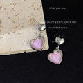 Silver Double Heart Drop Pink Iridescent Stud Earrings view 3