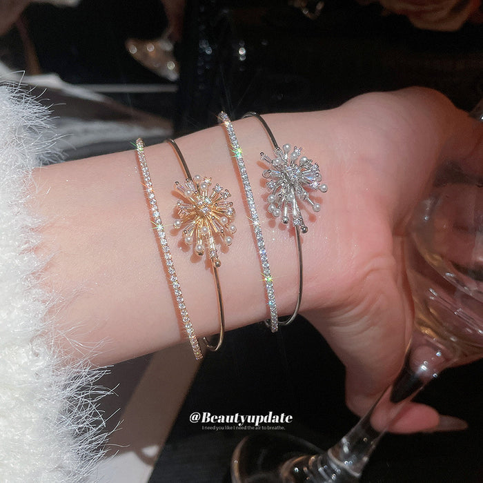 Gold Double Layer Firework Pearl Zircon Open Cuff Bracelet