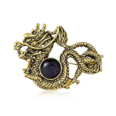 Antique Tone Double Dragon Brooch with Cabochon displayed from the front
