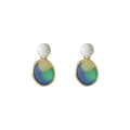 White Disc Blue Green Enamel Oval Drop Earrings Gold Frame view 5