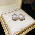 Gold Tone Pearl and Crystal Floral Drop Stud Earrings view 4