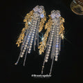Mixed Metal Wheat and Crystal Fringe Stud Earrings view 3