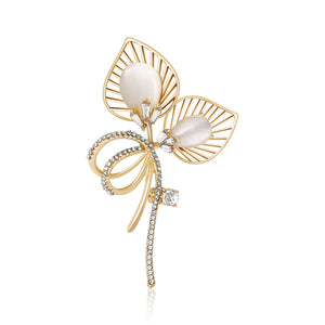 Cat Eye Openwork Leaf Brooch Rhinestone Bow Silver Gold Pin