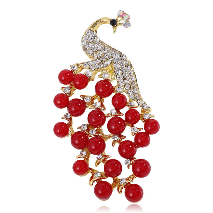 Crystal Peacock Brooch With Beaded Tail in Three Colors
