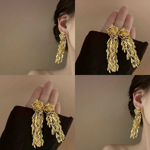 Second listing image of silver rose cascading fringe earrings, showing the visible finish.