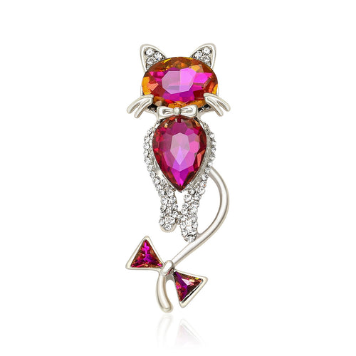 Purple magenta glass crystal cat brooch silver tone front