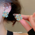 Gold Tone Multicolor Crystal Four Leaf Flower Stud Earrings view 2