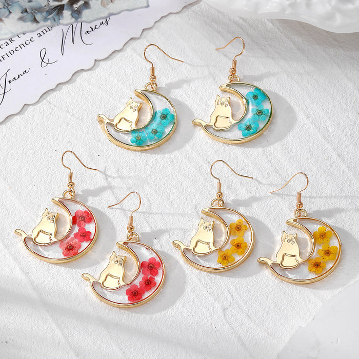 Gold Crescent Moon Cat Dried Flower Dangle Earrings 3 Colors