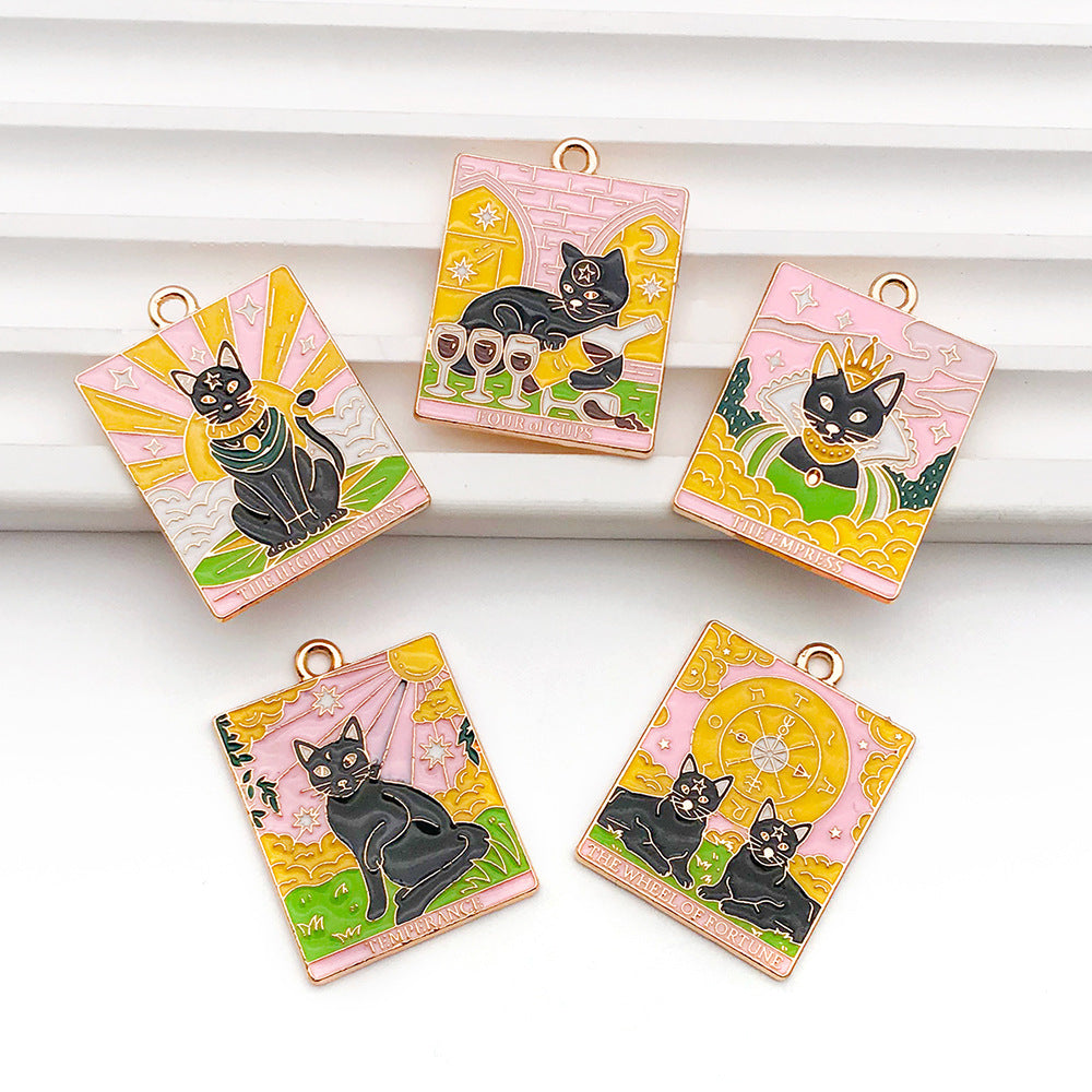 Enamel Zinc Alloy Tarot Card Black Cat Charm Pendant for Necklaces Keychains and Bags