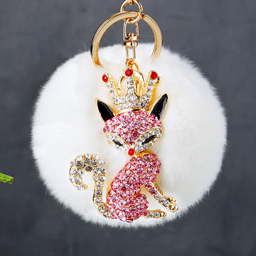 Crowned Jeweled Fox Keychains with Round Faux Fur Pom Poms