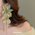 Green Fabric Flower Chain Tassel Earrings With Decorative Details view 3