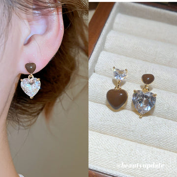 Brown Heart Crystal Asymmetric Drop Stud Earrings Statement Pair