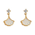 Gold Tone Clear Stone Top And White Ginkgo Leaf Stud Earrings view 5
