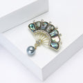 Iridescent Shell Fan Brooch with Gray Pearl Drop for Jackets and Scarves view 3