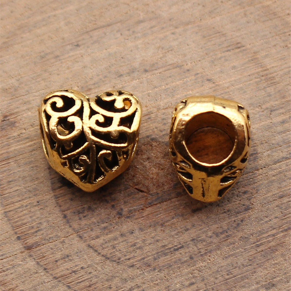 10x10x8.1mm 1.9g Antique Gold Zinc Alloy Openwork Carved Heart Large Hole Hollow Beads for DIY Bracelets