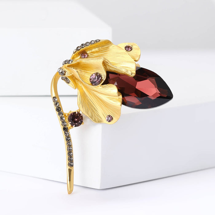 Tulip Flower Metal Brooch with Dark Faceted Petals and Crystal Accents