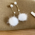Brown and White Faux Fur Pom Pom Pearl Drop Stud Earrings view 8
