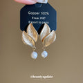 Textured Leaf Drop Earrings With White Faux Pearl Accents view 4