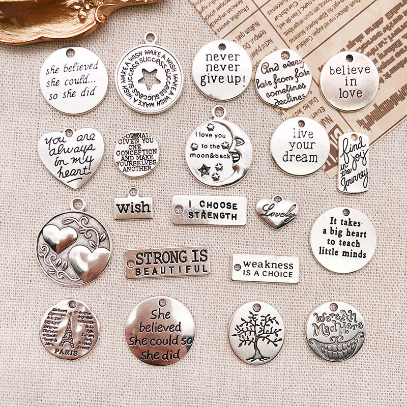 Iron English Letter Round Tag Charm Pendant for DIY Necklace Bracelet Jewelry